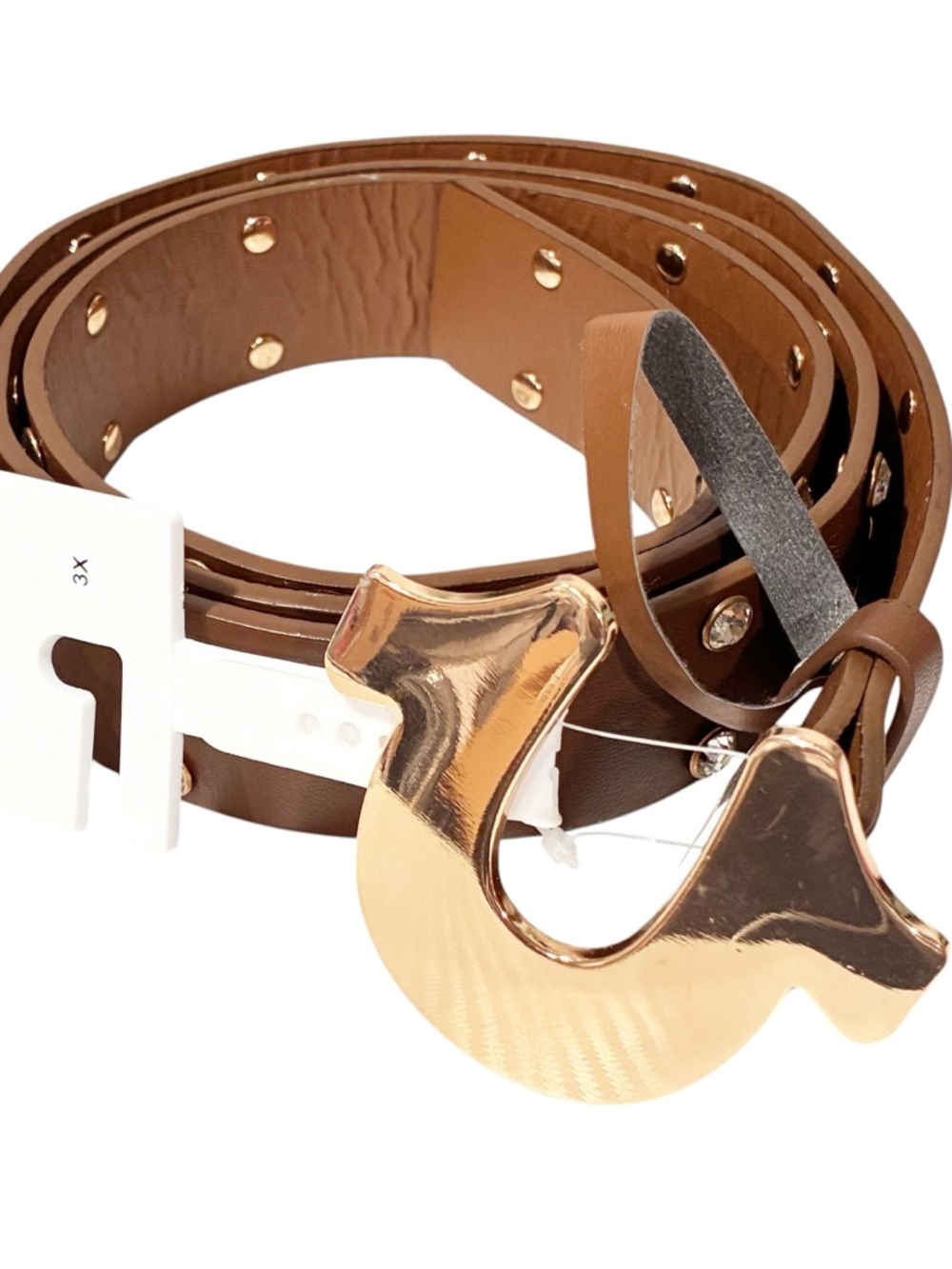 True Religion Plus Size Brown Faux Leather Belt Gold Horseshoe Buckle 3X NEW